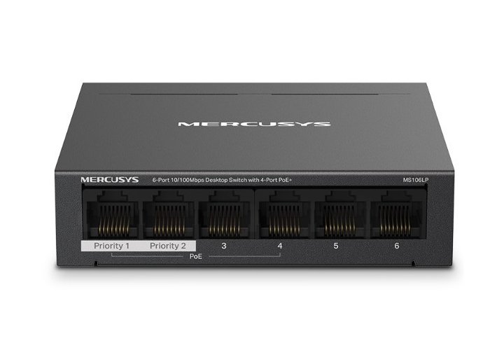 Przełącznik Mercusys 6-Port 10/100 Mbps Desktop Switch with  4-Port PoE+    PORT: 4× 10/100 Mbps PoE+ Ports, 2× 10/100 Mbps Non-PoE Ports MS106LP