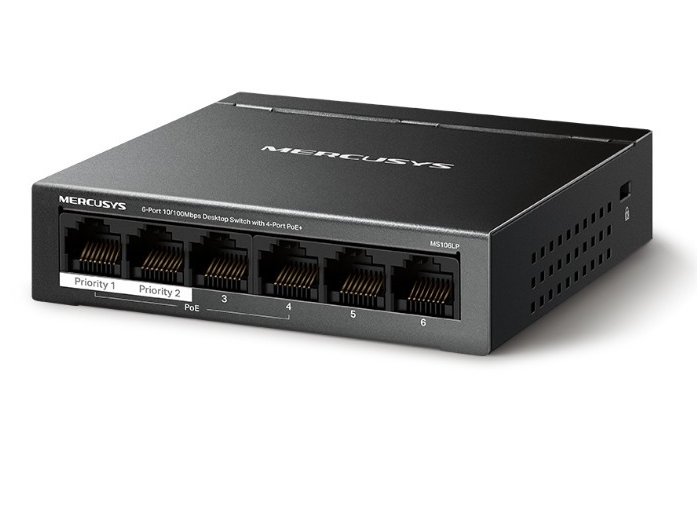 Przełącznik Mercusys 6-Port 10/100 Mbps Desktop Switch with  4-Port PoE+    PORT: 4× 10/100 Mbps PoE+ Ports, 2× 10/100 Mbps Non-PoE Ports MS106LP