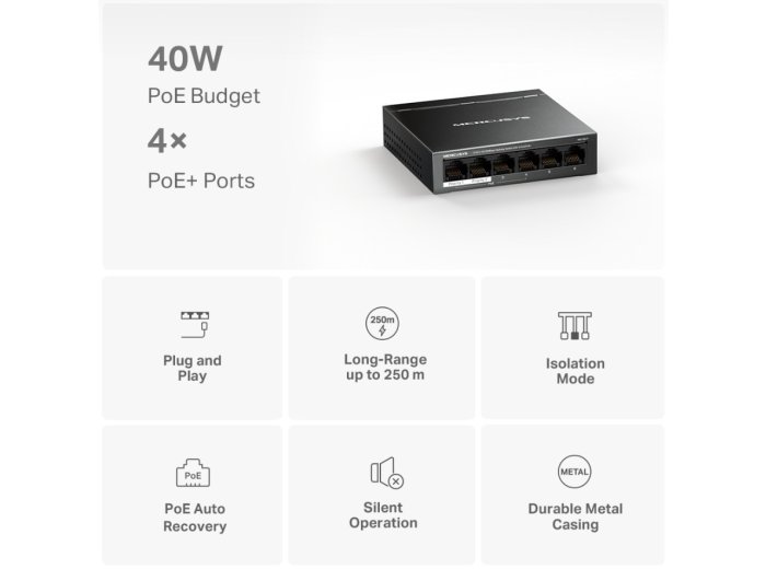 Przełącznik Mercusys 6-Port 10/100 Mbps Desktop Switch with  4-Port PoE+    PORT: 4× 10/100 Mbps PoE+ Ports, 2× 10/100 Mbps Non-PoE Ports MS106LP