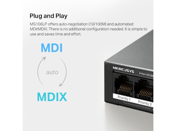 Przełącznik Mercusys 6-Port 10/100 Mbps Desktop Switch with  4-Port PoE+    PORT: 4× 10/100 Mbps PoE+ Ports, 2× 10/100 Mbps Non-PoE Ports MS106LP