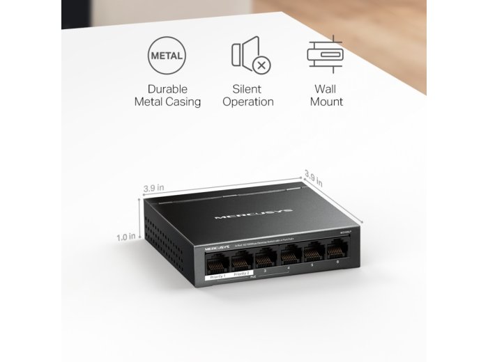 Przełącznik Mercusys 6-Port 10/100 Mbps Desktop Switch with  4-Port PoE+    PORT: 4× 10/100 Mbps PoE+ Ports, 2× 10/100 Mbps Non-PoE Ports MS106LP