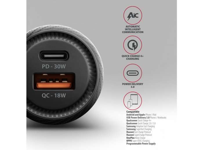 PWC-PQ48 Ładowarka samochodowa 48W, 2x port (USB-C + USB-A), PD3.0/PPS/QC4+, 12/24V, czarna
