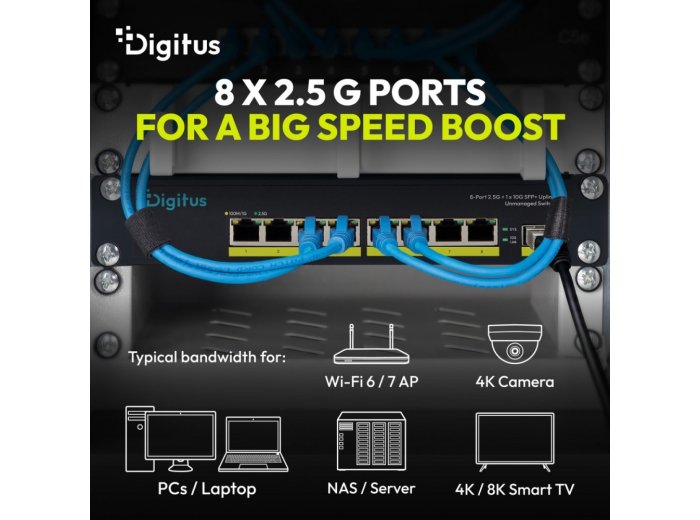 Przełącznik sieciowy niezarządzalny 10" 8x RJ45 2.5G, 1x SFP+ 10G, 60Gbps, metalowy, bez wentylatora, Plug&Play