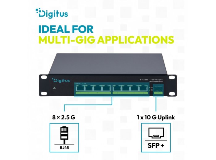 Przełącznik sieciowy niezarządzalny 10" 8x RJ45 2.5G, 1x SFP+ 10G, 60Gbps, metalowy, bez wentylatora, Plug&Play