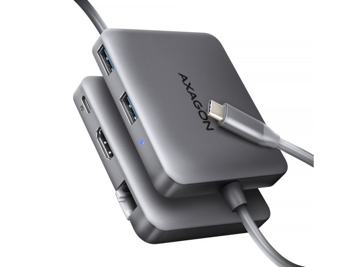 Axagon N HMC-5HL USB 5Gbps hub 2x USB-A HDMI 4k/60Hz RJ-45 GLAN PD 100W kabel USB-C Przewodowa USB 3.2 Gen 1 (3.1 Gen 1) Type-C Srebrny