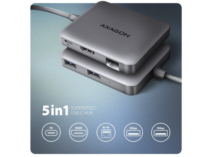 Axagon N HMC-5HL USB 5Gbps hub 2x USB-A HDMI 4k/60Hz RJ-45 GLAN PD 100W kabel USB-C Przewodowa USB 3.2 Gen 1 (3.1 Gen 1) Type-C Srebrny