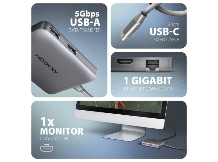 Axagon N HMC-5HL USB 5Gbps hub 2x USB-A HDMI 4k/60Hz RJ-45 GLAN PD 100W kabel USB-C Przewodowa USB 3.2 Gen 1 (3.1 Gen 1) Type-C Srebrny