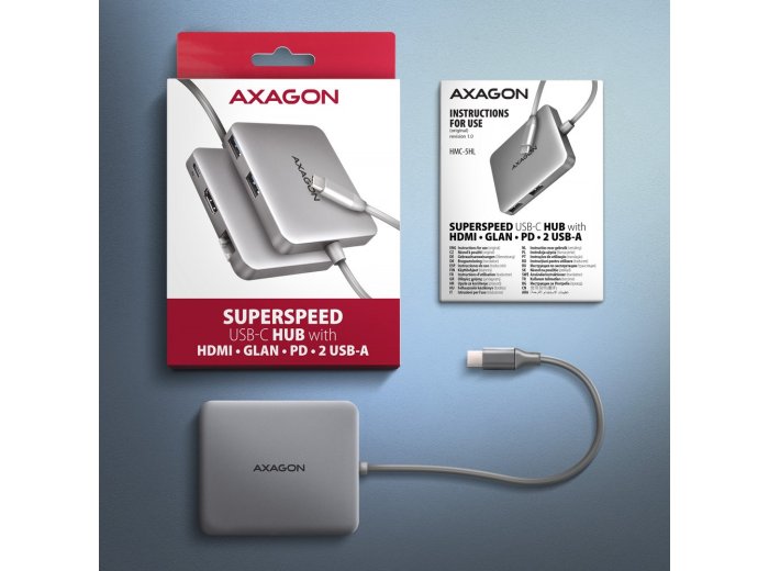 Axagon N HMC-5HL USB 5Gbps hub 2x USB-A HDMI 4k/60Hz RJ-45 GLAN PD 100W kabel USB-C Przewodowa USB 3.2 Gen 1 (3.1 Gen 1) Type-C Srebrny