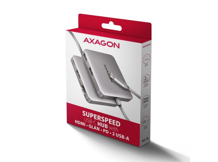 Axagon N HMC-5HL USB 5Gbps hub 2x USB-A HDMI 4k/60Hz RJ-45 GLAN PD 100W kabel USB-C Przewodowa USB 3.2 Gen 1 (3.1 Gen 1) Type-C Srebrny