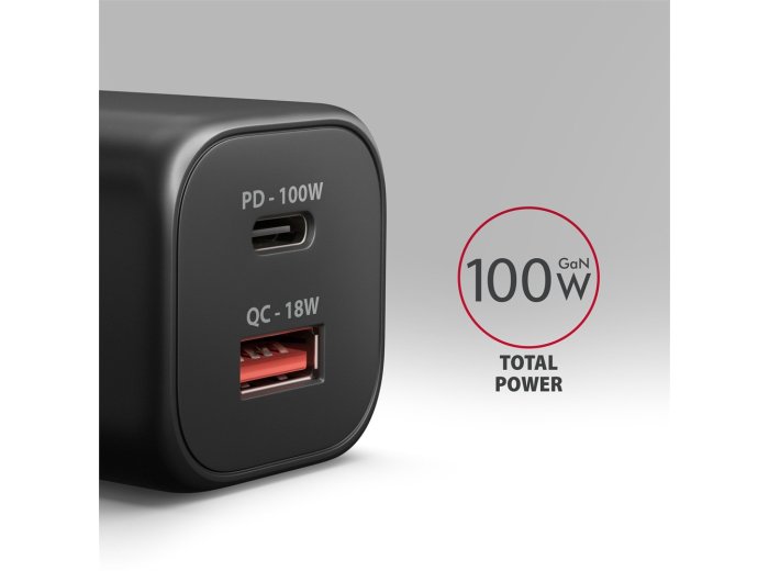 ACU-PQ100 Ładowarka sieciowa GaN 100W, 2x port (USB-C + USB-A), PD3.0/PPS/QC4+, mini, czarna