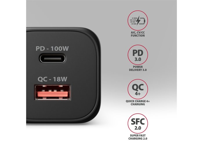 ACU-PQ100 Ładowarka sieciowa GaN 100W, 2x port (USB-C + USB-A), PD3.0/PPS/QC4+, mini, czarna