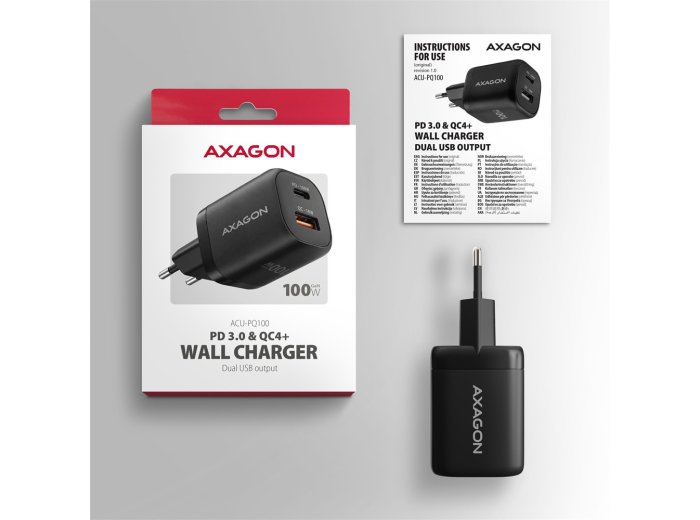 ACU-PQ100 Ładowarka sieciowa GaN 100W, 2x port (USB-C + USB-A), PD3.0/PPS/QC4+, mini, czarna