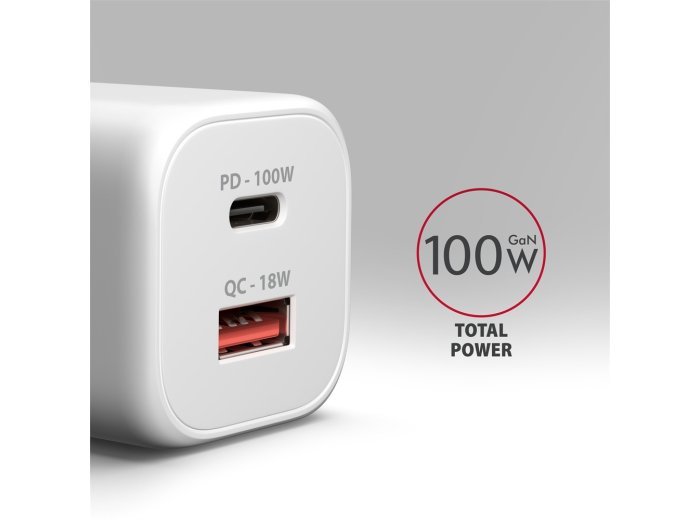 ACU-PQ100W Ładowarka sieciowa GaN 100W, 2x port (USB-C + USB-A), PD3.0/PPS/QC4+, mini, biała