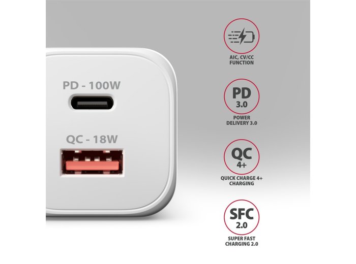 ACU-PQ100W Ładowarka sieciowa GaN 100W, 2x port (USB-C + USB-A), PD3.0/PPS/QC4+, mini, biała