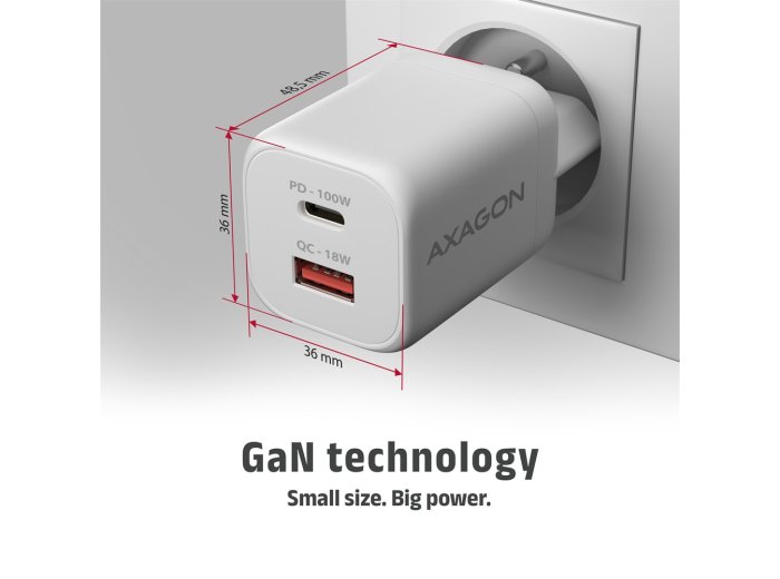 ACU-PQ100W Ładowarka sieciowa GaN 100W, 2x port (USB-C + USB-A), PD3.0/PPS/QC4+, mini, biała
