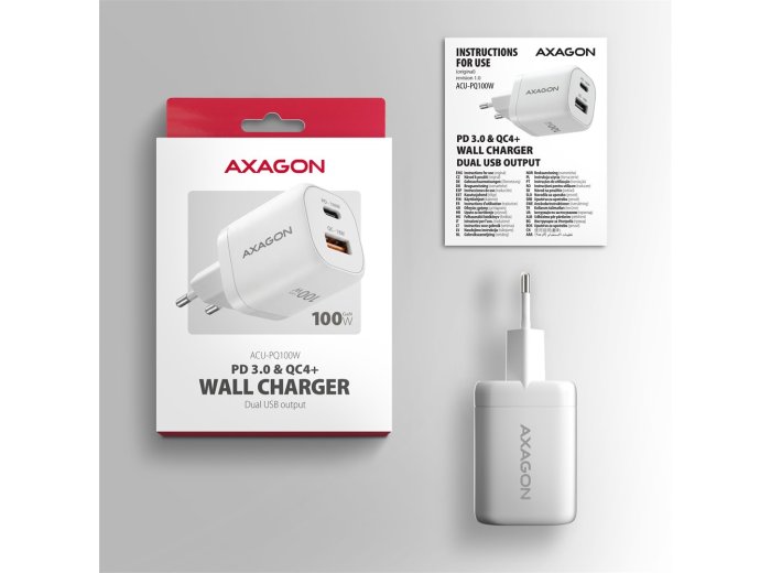 ACU-PQ100W Ładowarka sieciowa GaN 100W, 2x port (USB-C + USB-A), PD3.0/PPS/QC4+, mini, biała