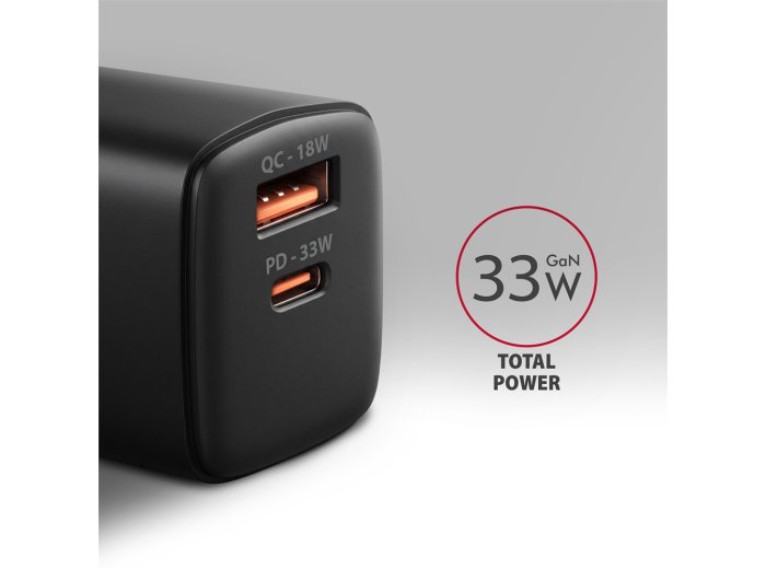 ACU-PQ33 Ładowarka sieciowa GaN 33W, 2x port (USB-C + USB-A), PD3.0/PPS/QC4+, czarna