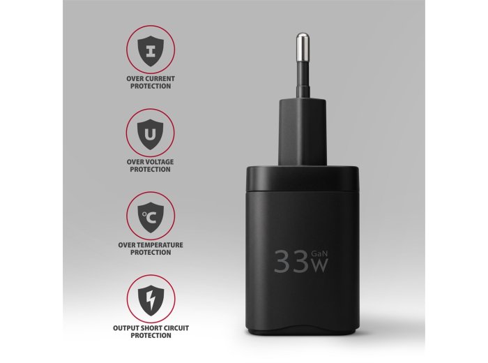 ACU-PQ33 Ładowarka sieciowa GaN 33W, 2x port (USB-C + USB-A), PD3.0/PPS/QC4+, czarna