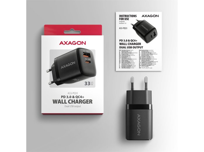 ACU-PQ33 Ładowarka sieciowa GaN 33W, 2x port (USB-C + USB-A), PD3.0/PPS/QC4+, czarna