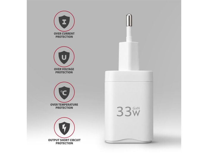 ACU-PQ33W Ładowarka sieciowa GaN 33W, 2x port (USB-C + USB-A), PD3.0/PPS/QC4+, biała