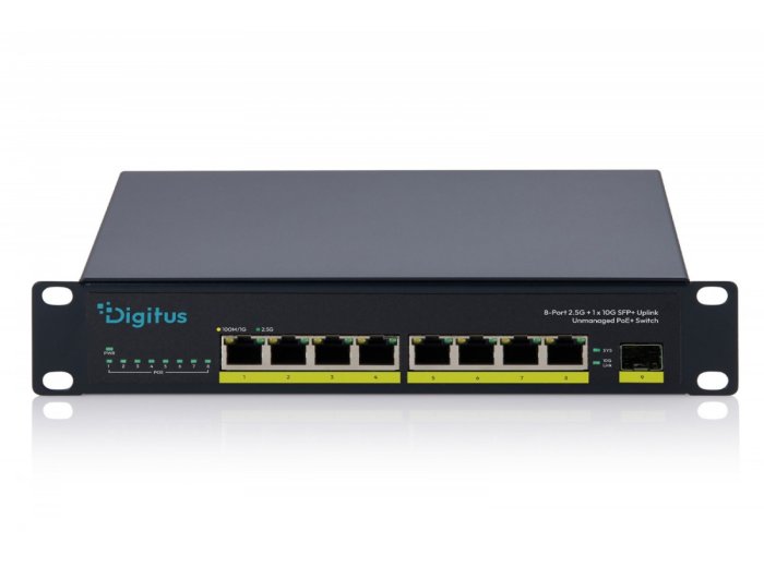 Przełącznik sieciowy niezarządzalny PoE+ 10" 8x RJ45 2.5G, 1x SFP+ 10G, 60Gbps, budżet 80W, 802.3af/at, metalowy, bez wentylatora, Plug&Play