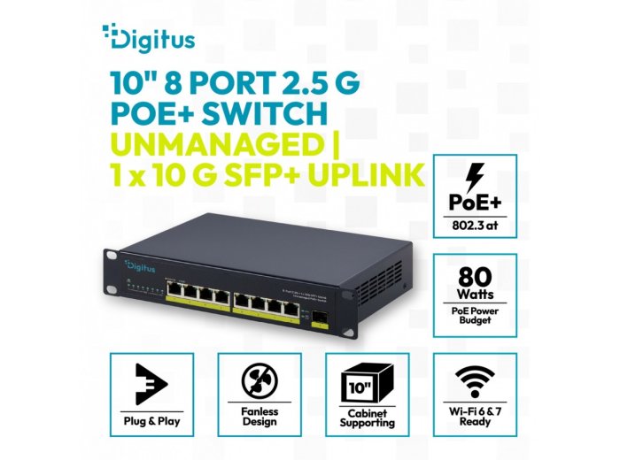Przełącznik sieciowy niezarządzalny PoE+ 10" 8x RJ45 2.5G, 1x SFP+ 10G, 60Gbps, budżet 80W, 802.3af/at, metalowy, bez wentylatora, Plug&Play