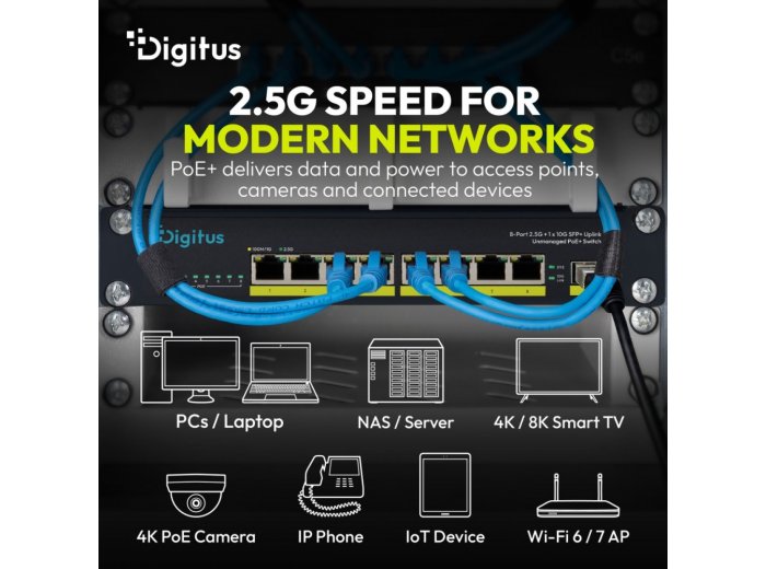 Przełącznik sieciowy niezarządzalny PoE+ 10" 8x RJ45 2.5G, 1x SFP+ 10G, 60Gbps, budżet 80W, 802.3af/at, metalowy, bez wentylatora, Plug&Play