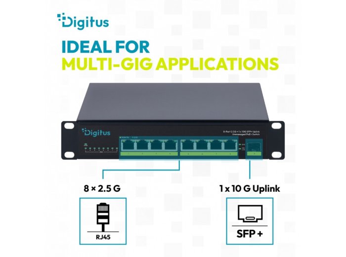 Przełącznik sieciowy niezarządzalny PoE+ 10" 8x RJ45 2.5G, 1x SFP+ 10G, 60Gbps, budżet 80W, 802.3af/at, metalowy, bez wentylatora, Plug&Play