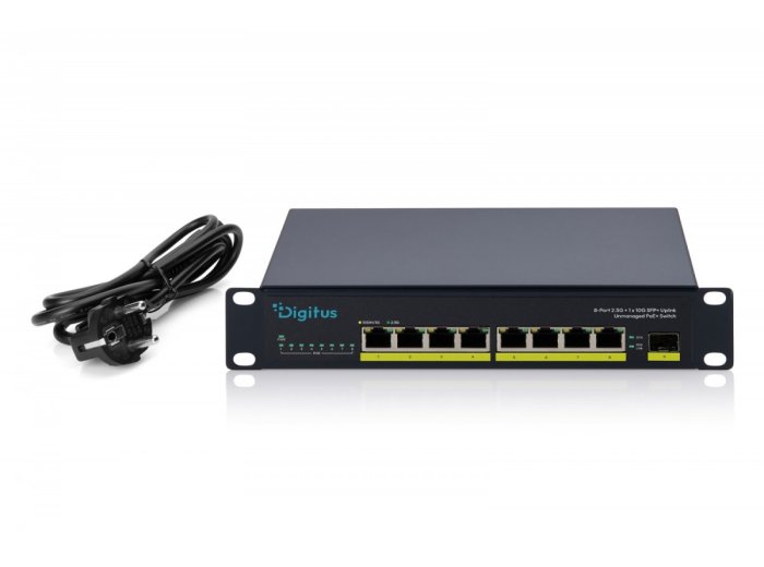 Przełącznik sieciowy niezarządzalny PoE+ 10" 8x RJ45 2.5G, 1x SFP+ 10G, 60Gbps, budżet 80W, 802.3af/at, metalowy, bez wentylatora, Plug&Play