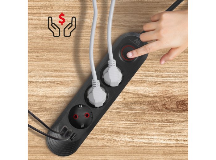 Listwa zasilająca MCE394 B, 1,5m|3 gniazda + 3xUSB. 110-240V AC 50/60Hz, 2.1A max 2500W, czarna
