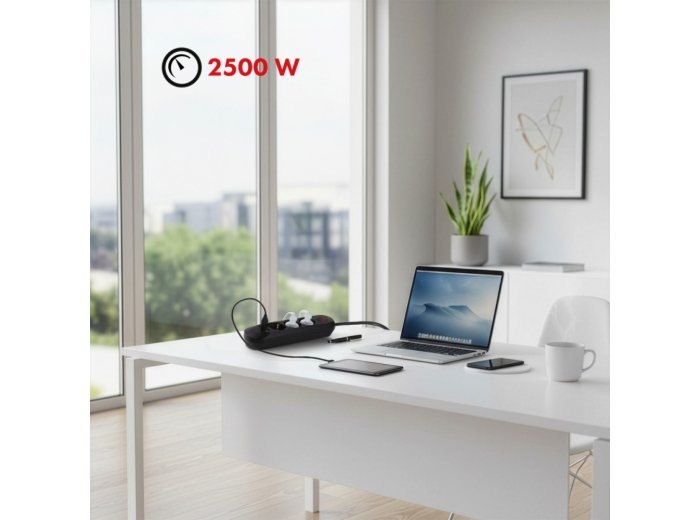 Listwa zasilająca MCE394 B, 1,5m|3 gniazda + 3xUSB. 110-240V AC 50/60Hz, 2.1A max 2500W, czarna