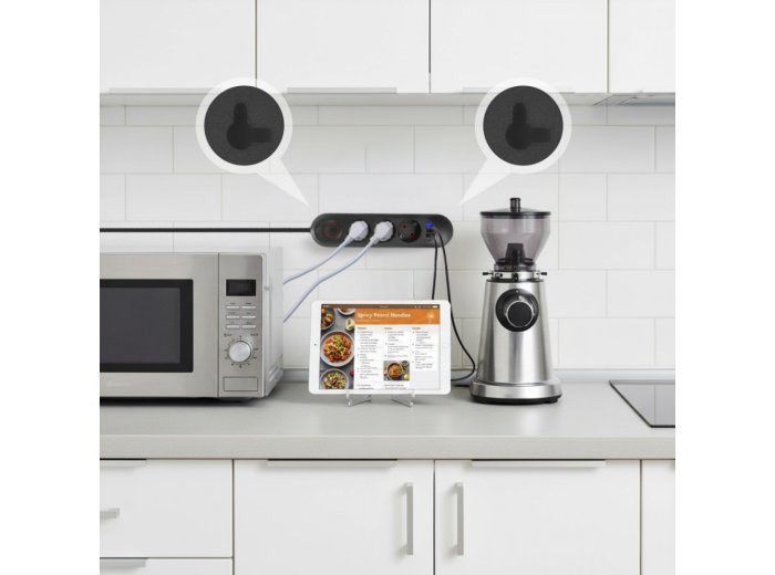 Listwa zasilająca MCE394 B, 1,5m|3 gniazda + 3xUSB. 110-240V AC 50/60Hz, 2.1A max 2500W, czarna