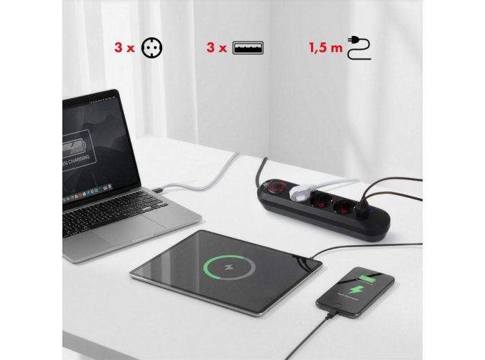 Listwa zasilająca MCE394 B, 1,5m|3 gniazda + 3xUSB. 110-240V AC 50/60Hz, 2.1A max 2500W, czarna