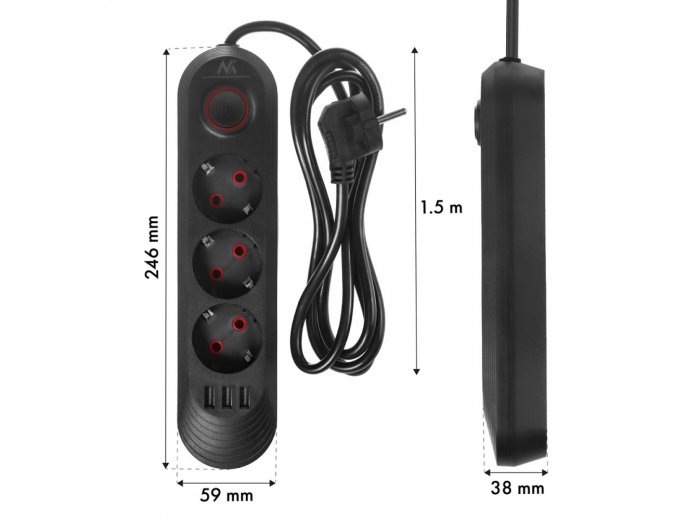 Listwa zasilająca MCE394 B, 1,5m|3 gniazda + 3xUSB. 110-240V AC 50/60Hz, 2.1A max 2500W, czarna