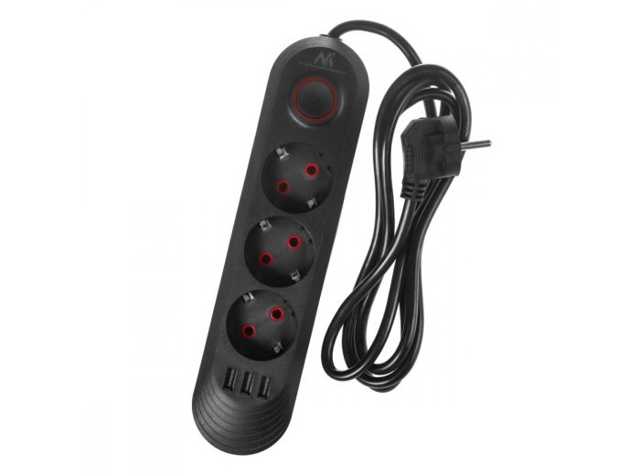 Listwa zasilająca MCE394 B, 1,5m|3 gniazda + 3xUSB. 110-240V AC 50/60Hz, 2.1A max 2500W, czarna