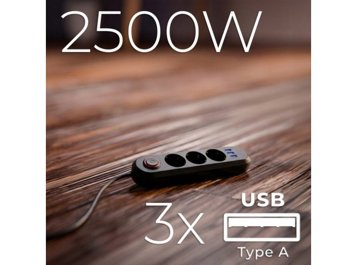 Listwa zasilająca MCE394 B, 1,5m|3 gniazda + 3xUSB. 110-240V AC 50/60Hz, 2.1A max 2500W, czarna