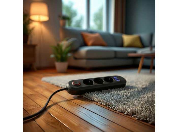 Listwa zasilająca MCE394 B, 1,5m|3 gniazda + 3xUSB. 110-240V AC 50/60Hz, 2.1A max 2500W, czarna