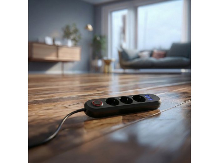 Listwa zasilająca MCE394 B, 1,5m|3 gniazda + 3xUSB. 110-240V AC 50/60Hz, 2.1A max 2500W, czarna