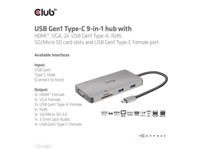 CLUB3D CSV-1594 stacja dokująca USB 3.2 Gen 1 (3.1 Gen 1) Type-C Czarny, Szary