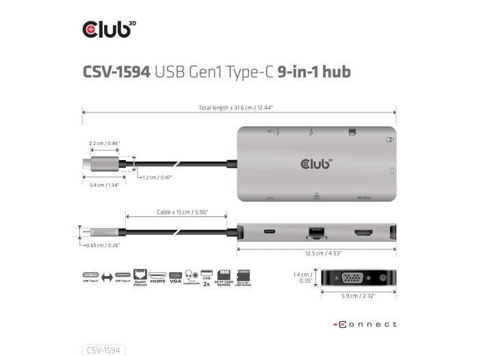 CLUB3D CSV-1594 stacja dokująca USB 3.2 Gen 1 (3.1 Gen 1) Type-C Czarny, Szary
