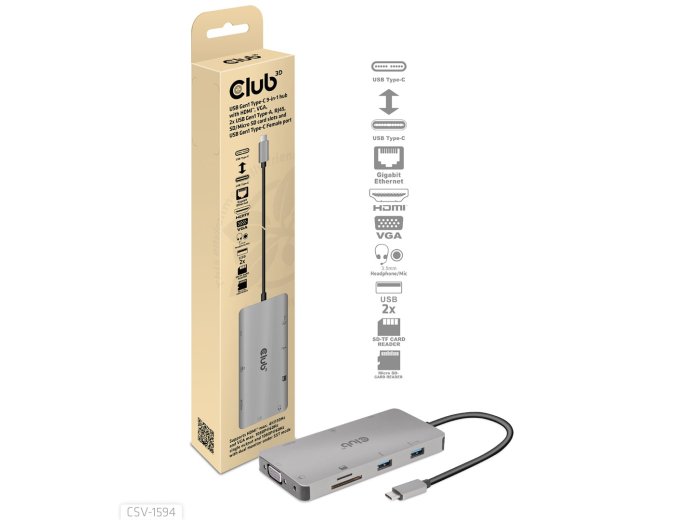CLUB3D CSV-1594 stacja dokująca USB 3.2 Gen 1 (3.1 Gen 1) Type-C Czarny, Szary