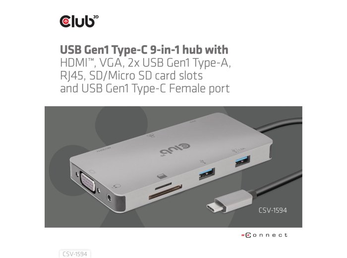 CLUB3D CSV-1594 stacja dokująca USB 3.2 Gen 1 (3.1 Gen 1) Type-C Czarny, Szary