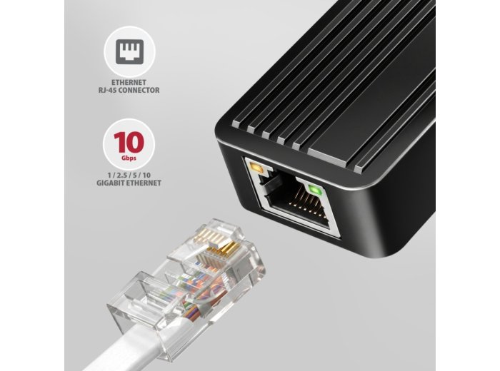 ADE-10GR Karta sieciowa USB-C 10Gbps, port RJ-45 10GbE (10/5/2.5/1G), chipset Realtek RTL8159, Wake-on-LAN, aluminiowa, odłączany kabel 19 cm, czarna