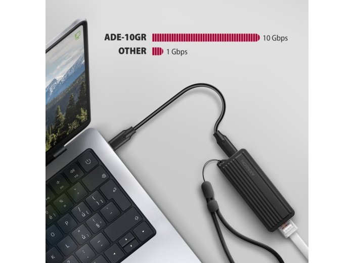 ADE-10GR Karta sieciowa USB-C 10Gbps, port RJ-45 10GbE (10/5/2.5/1G), chipset Realtek RTL8159, Wake-on-LAN, aluminiowa, odłączany kabel 19 cm, czarna