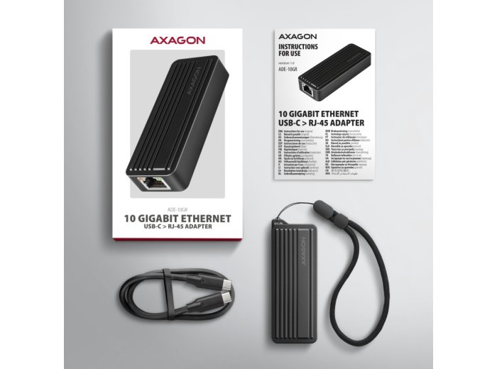ADE-10GR Karta sieciowa USB-C 10Gbps, port RJ-45 10GbE (10/5/2.5/1G), chipset Realtek RTL8159, Wake-on-LAN, aluminiowa, odłączany kabel 19 cm, czarna