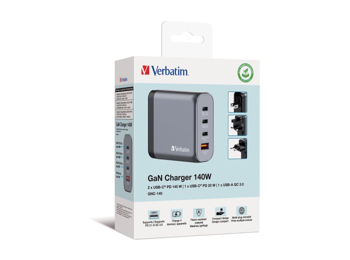 VERBATIM GNC-140 GaN Charger 140W with 2xUSB PD 140W 1xUSB PD 20W 1x USB-A QC 3.0 EU/UK/US