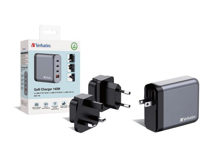 VERBATIM GNC-140 GaN Charger 140W with 2xUSB PD 140W 1xUSB PD 20W 1x USB-A QC 3.0 EU/UK/US