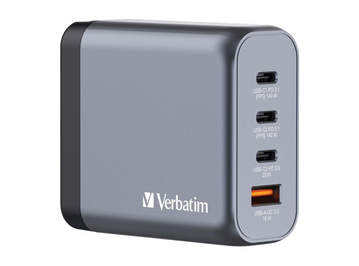 VERBATIM GNC-140 GaN Charger 140W with 2xUSB PD 140W 1xUSB PD 20W 1x USB-A QC 3.0 EU/UK/US