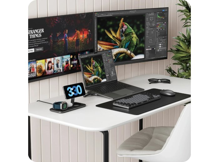 Satechi Qi2 Trio Wireless Charging Pad - magnetyczna ładowarka bezprzewodowa do trzech urządzeń (AppleWatch 5W, AirPods 5W, Qi2 15W), kabel 1m, ładowarka sieciowa 45W oraz wymienne wtyczki UK i EU w zestawie (space gray)