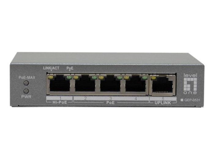 LevelOne GEP-0531 przełącznik sieciowy Nie zarządzany L2 Gigabit Ethernet (10/100/1000) Obsługa PoE Montaż na biurku/ścianie Szary